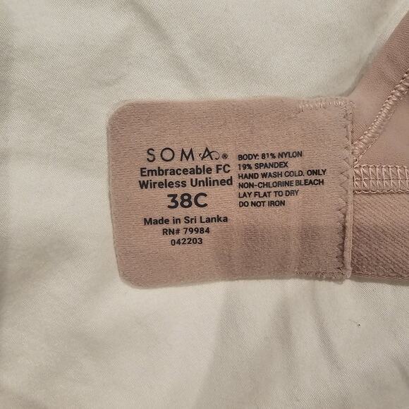 Soma Embraceable FC Wireless Unlined Bra 38C Pink Nude Back Close Hook Eye - Picture 6 of 7